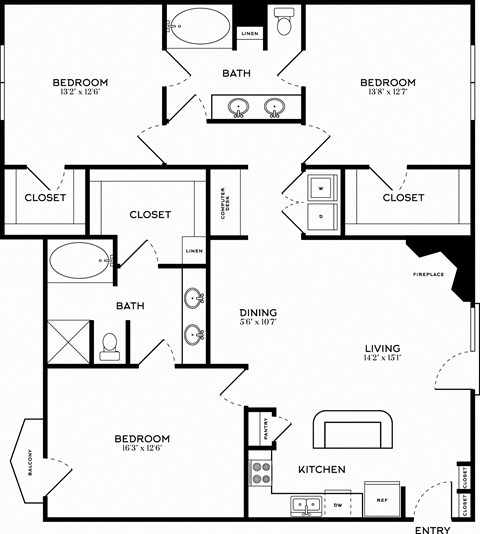 Floor plan for 3 beds, 2 baths, 1562 sqft